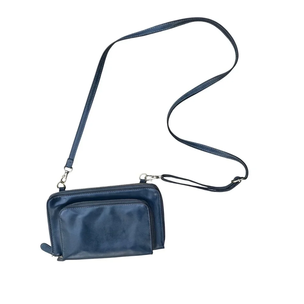Joy Susan Blue Vegan Leather Crossbody Wallet Bag Adjustable Strap
